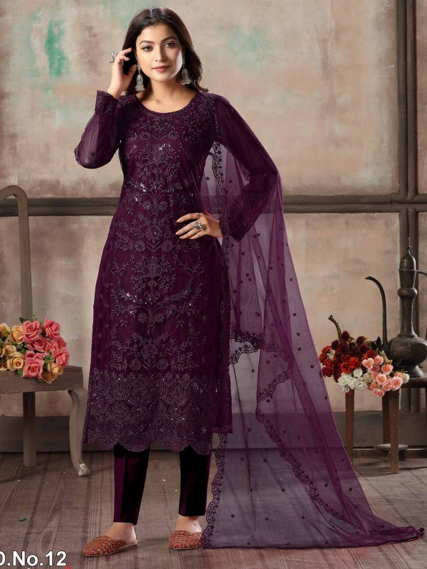 Designer Salwar Suit Wine Colour Net,Shantoon Fabric.