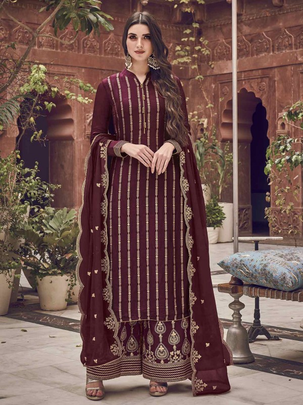 Designer Salwar Suit Wine Colour in Jacquard,Chiffon Fabric.