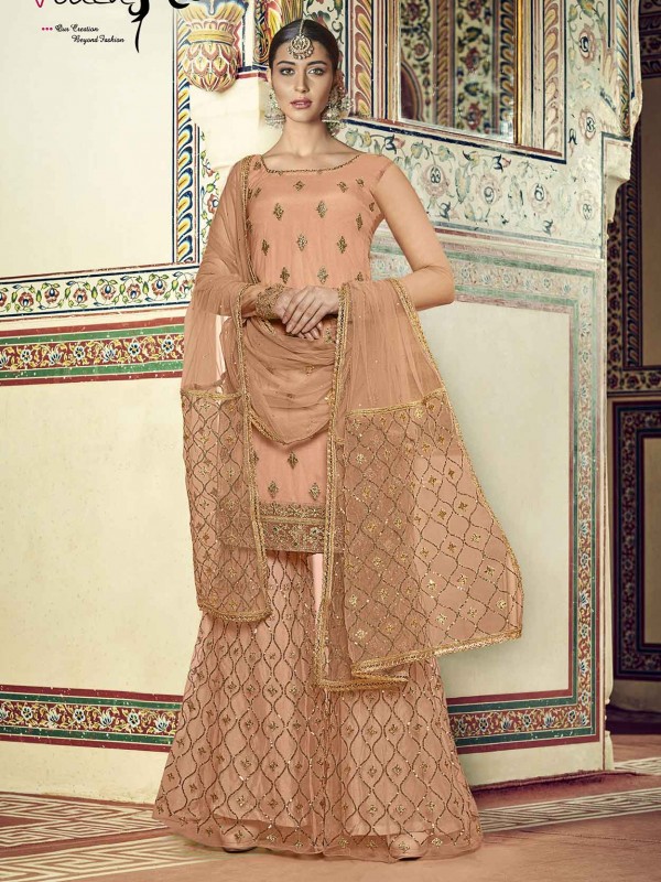 Peach Colour Net Designer Sharara Salwar Suit.