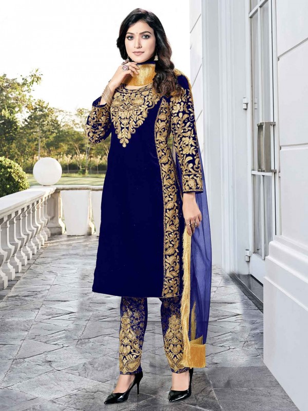 Blue Colour Salwar Suit in Jacquard Fabric.