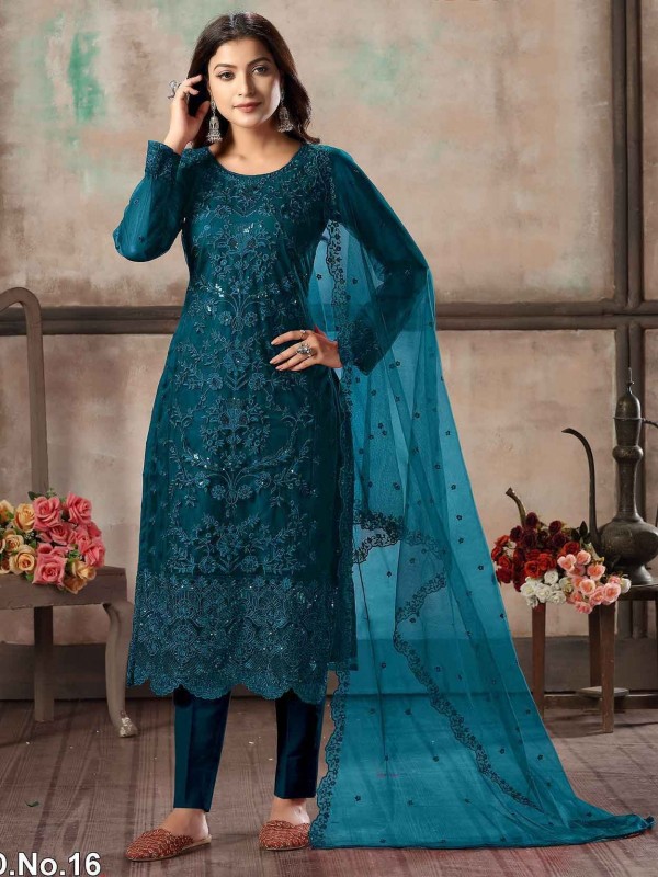 Blue in Net Salwar Suit With Embroidery Work.