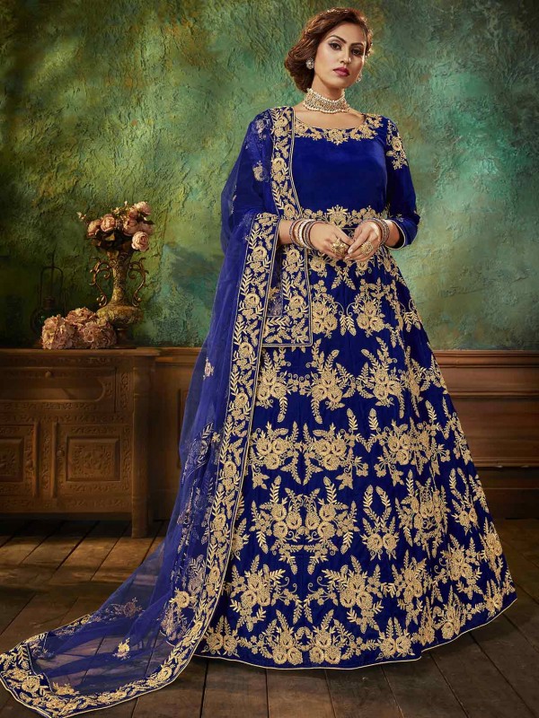 Blue Velvet Women Designer Salwar Kameez.