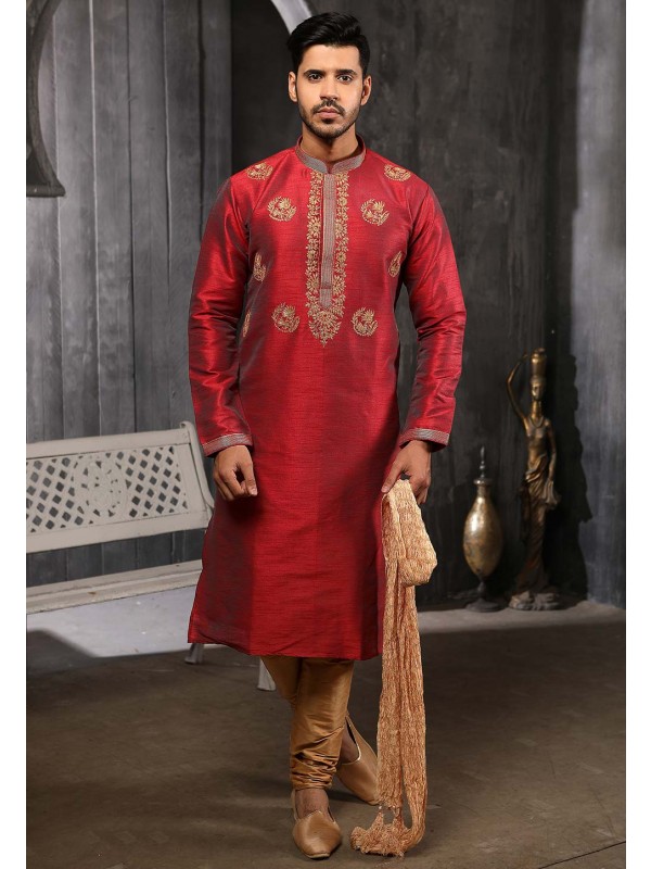 Maroon Colour Banarasi Silk Wedding Kurta Pajama.