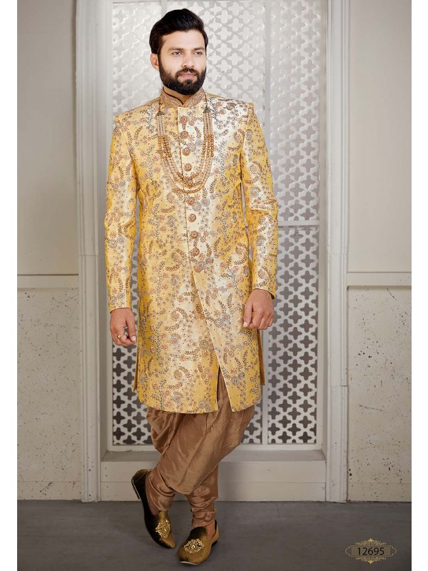 Yellow Colour Silk Designer Sherwani.