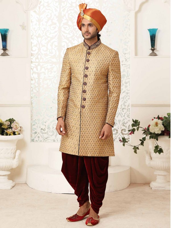 Golden Colour Brocade Fabric Indian Designer Sherwani.