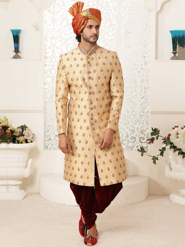 Cream,Golden Colour Brocade Fabric Mens Wedding Sherwani.