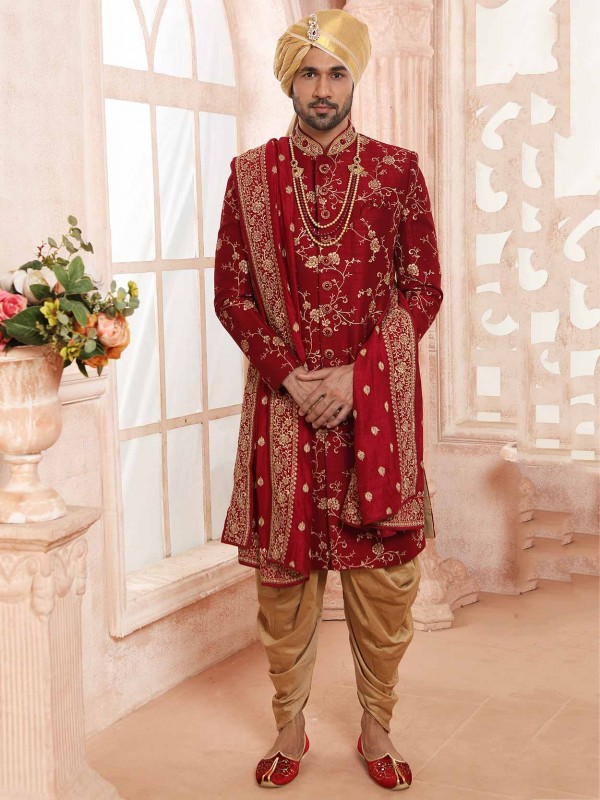 Maroon Colour Silk Fabric Indian Groom Sherwani.