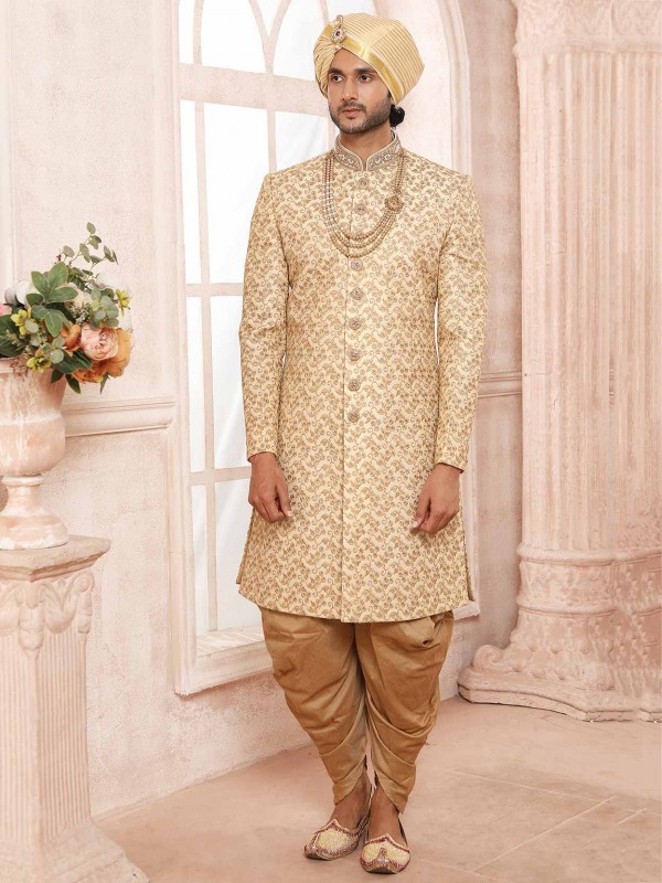 Cream Colour Silk Designer Wedding Sherwani.