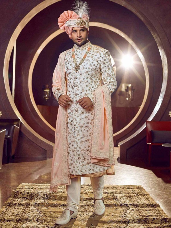 Off White Colour Indian Groom Sherwani in Silk,Imported Fabric.