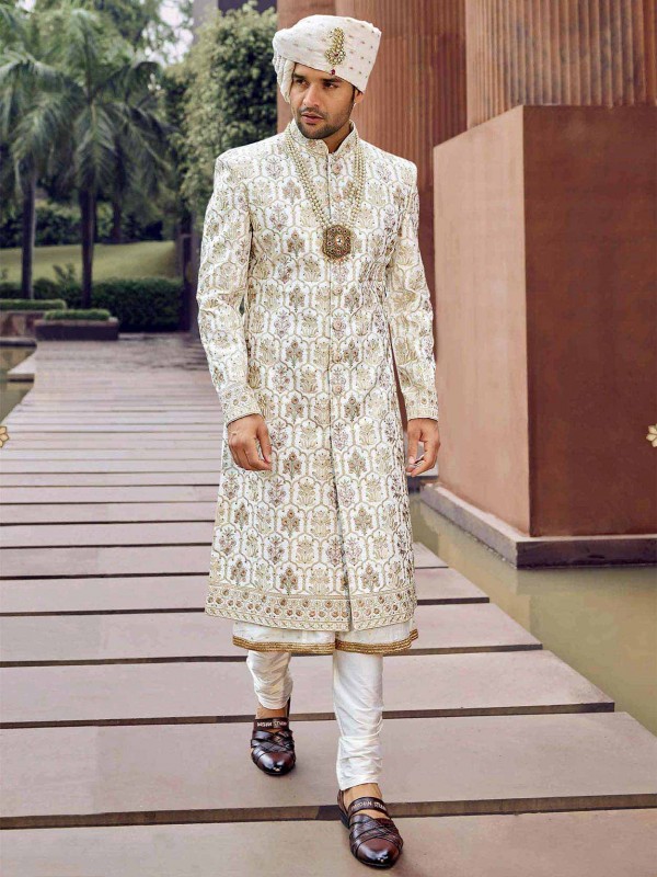 Indian Wedding Sherwani Off White Colour Silk,Imported Fabric.