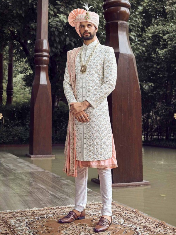 Off White Colour Silk,Imported Fabric Wedding Sherwani.