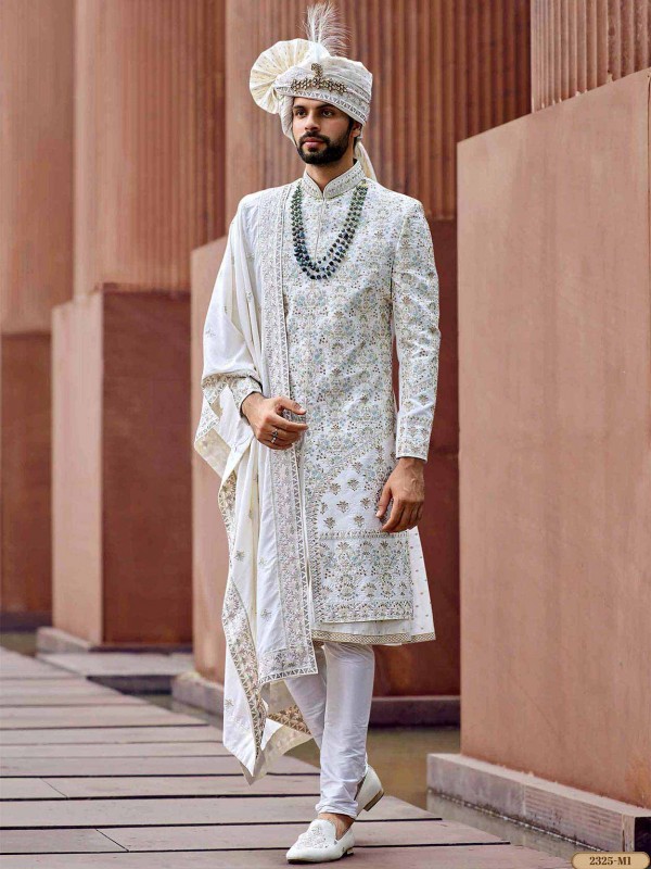White,Off White Colour Silk,Imported Fabric Mens Wedding Sherwani.