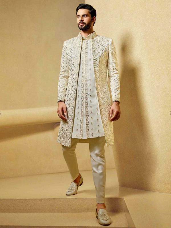 Cream Colour Indian Groom Sherwani in Silk,Imported Fabric.