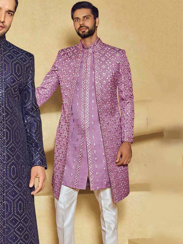 Purple Colour Silk,Imported Fabric Mens Sherwani.