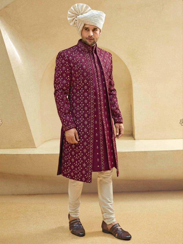 Designer Sherwani Maroon Colour Silk,Imported Fabric.