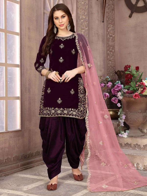 Purple Colour Velvet Patiala Salwar Suit.