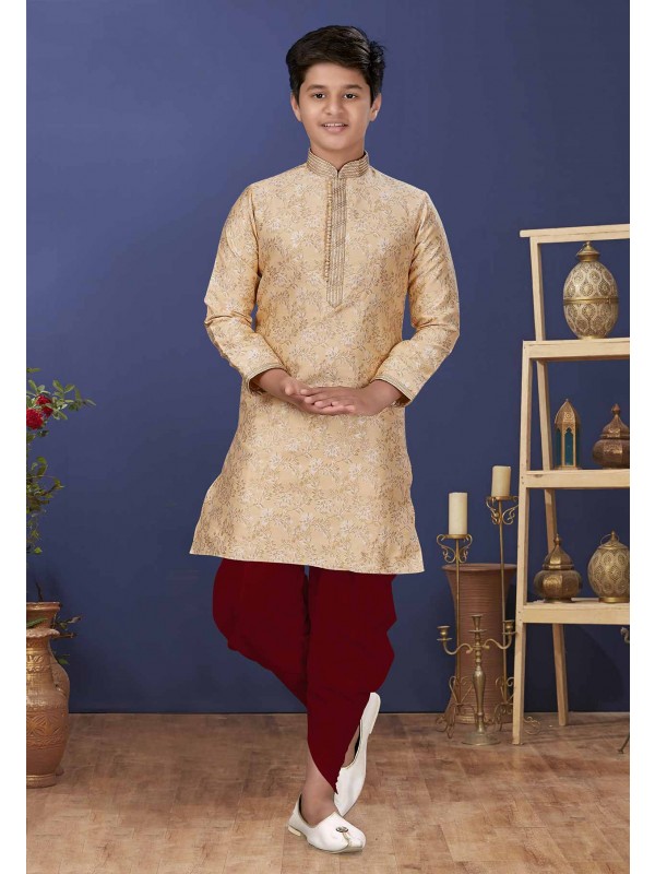 Golden Colour Jacquard,Silk Designer Boy's Kurta Pajama.