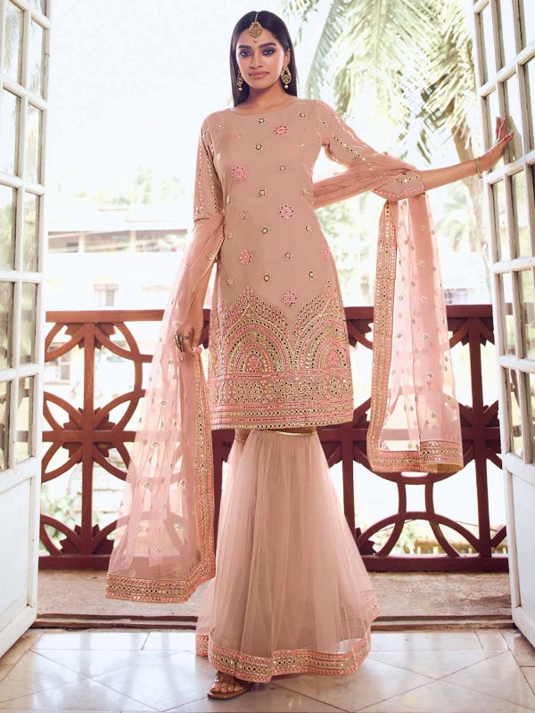Peach Colour in Organza Fabric Sharara Salwar Suit.
