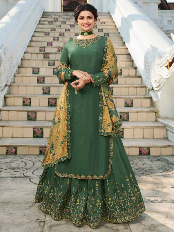 Satin Fabric Lehenga Style Salwar Suit Green Colour.