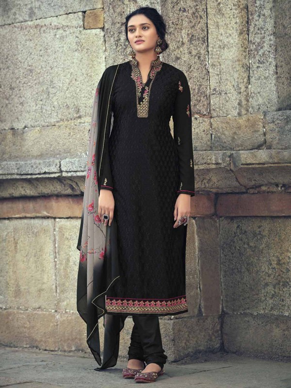 Georgette Fabric Party Wear Salwar Kameez Black Colour.