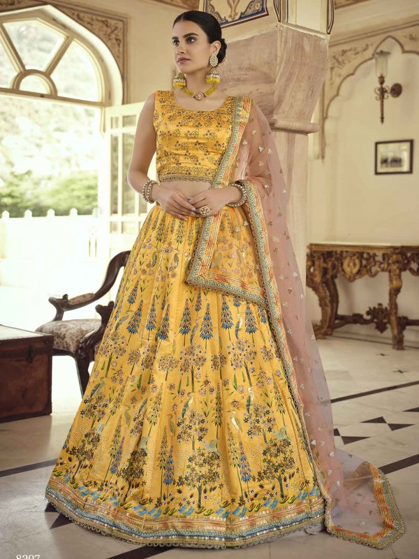 Mustard Yellow Colour Silk Indian Designer Lehenga Choli.