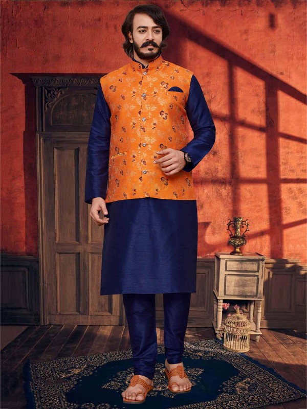 Navy Blue,Orange Colour Kurta Pajama Jacket.