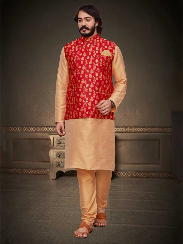 Jacquard,Art Silk Fabric Kurta Pajama Jacket Beige,Red Colour.