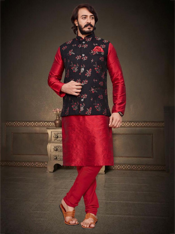 Red,Black Colour Jacquard,Art Silk Kurta Pajama Jacket.