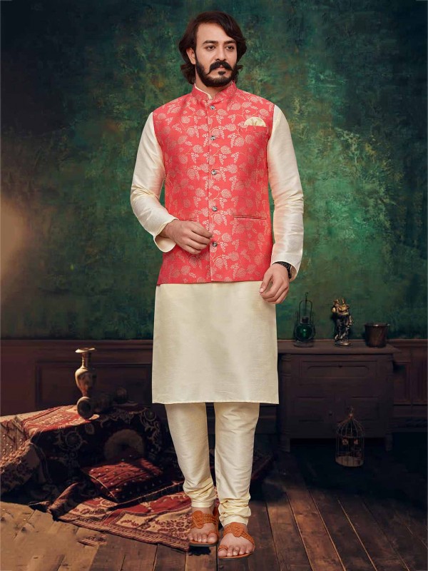 Off White,Pink Colour Jacquard,Art Silk Fabric Kurta Pajama Jacket.