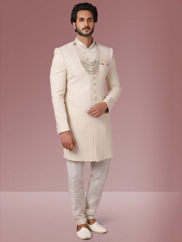 Cream Colour Lucknowi Fabric Mens Sherwani.