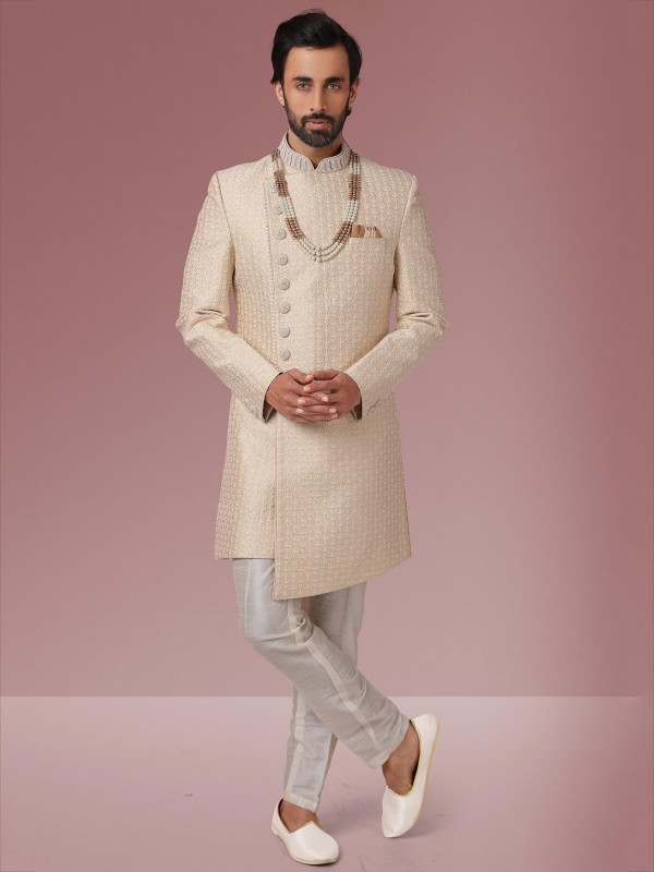 Cream Colour Banarasi Silk Fabric Mens Sherwani.