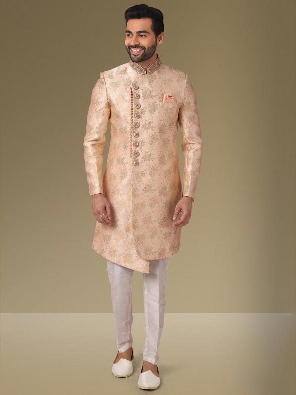 Cream,Peach Colour Mens Indowestern in Jacquard,Brocade Silk Fabric.