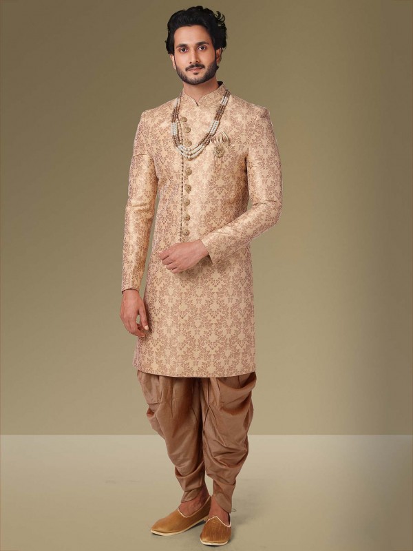 Beige Colour Jacquard,Brocade Silk Fabric Mens Indowestern.