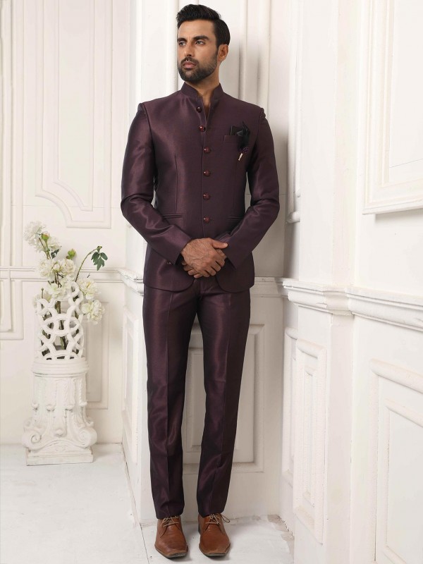 Wine Colour Imported Fabric Wedding Jodhpuri Suit.