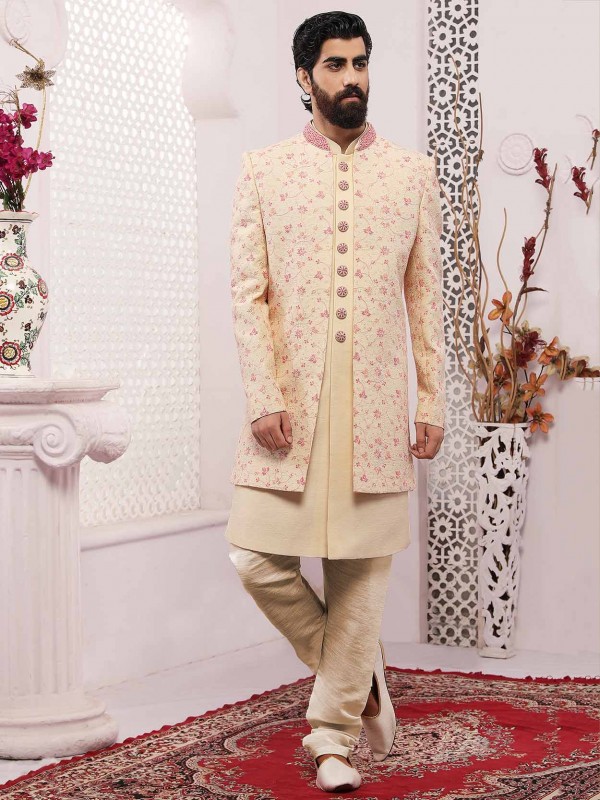Cream Colour Designer Mens Indowestern Banarasi Silk Fabric.