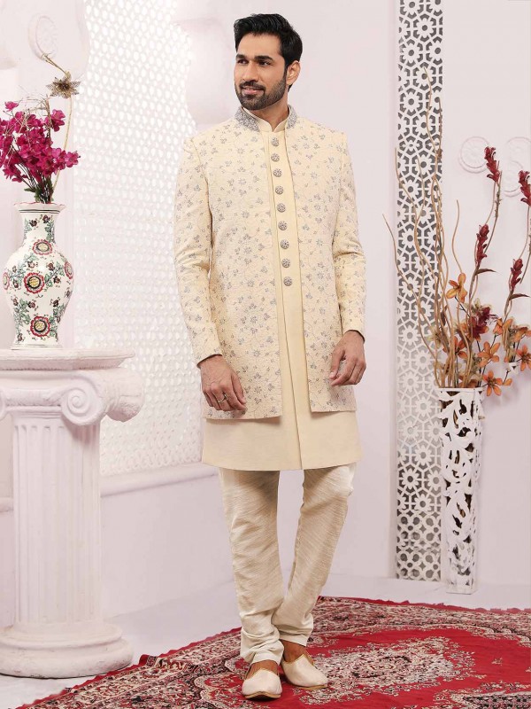 Elegant Cream Colour Banarasi Silk Fabric Mens Indowestern.