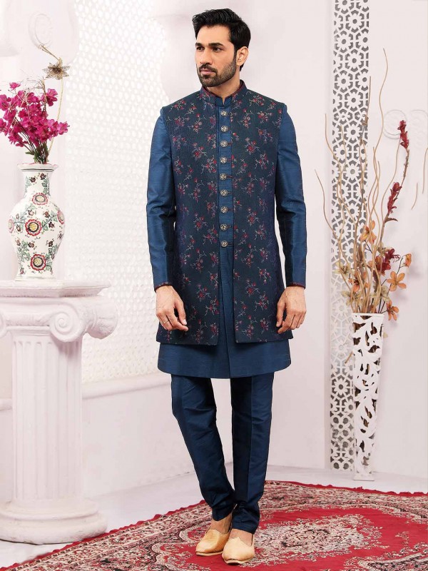 Blue Colour Jacquard,Brocade Silk Fabric Party Wear Indowestern.