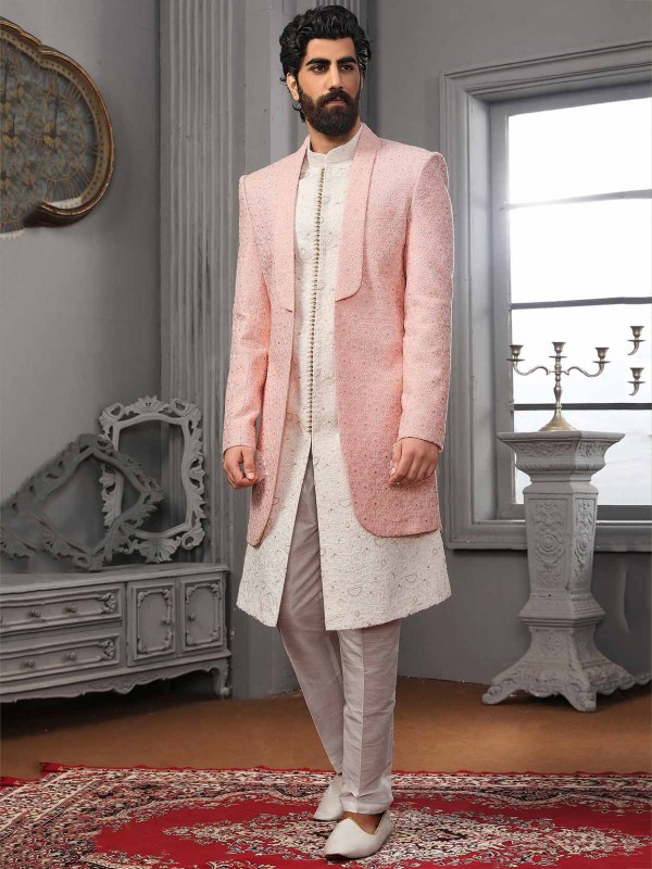Pink Colour Lucknowi Fabric Mens Indowestern.