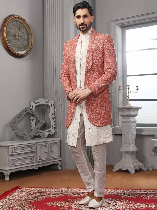 Off White,Rust Colour Lucknowi Fabric Wedding Indowestern.