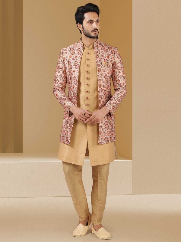 Golden,Maroon Colour Banarasi Silk Fabric Stylish Designer Indowestern.