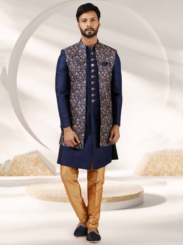 Elegant Blue Colour Mens Indowestern in Banarasi Silk Fabric.