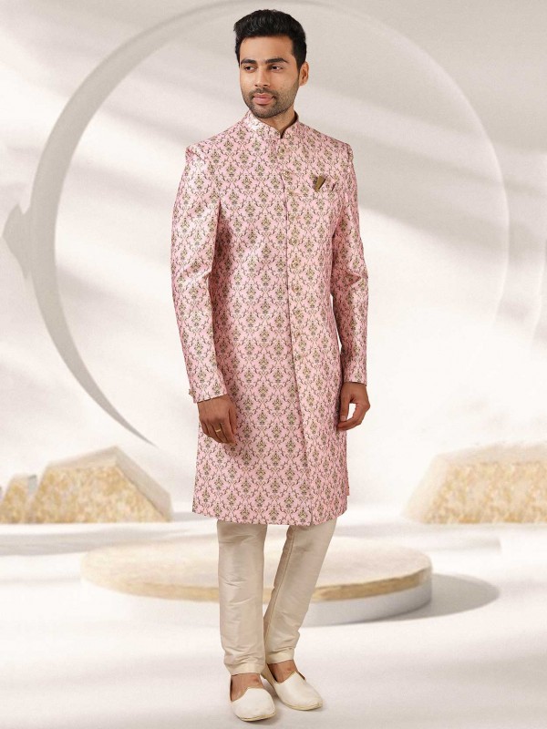 Light Pink Colour Banarasi Silk Fabric Mens Sherwani.