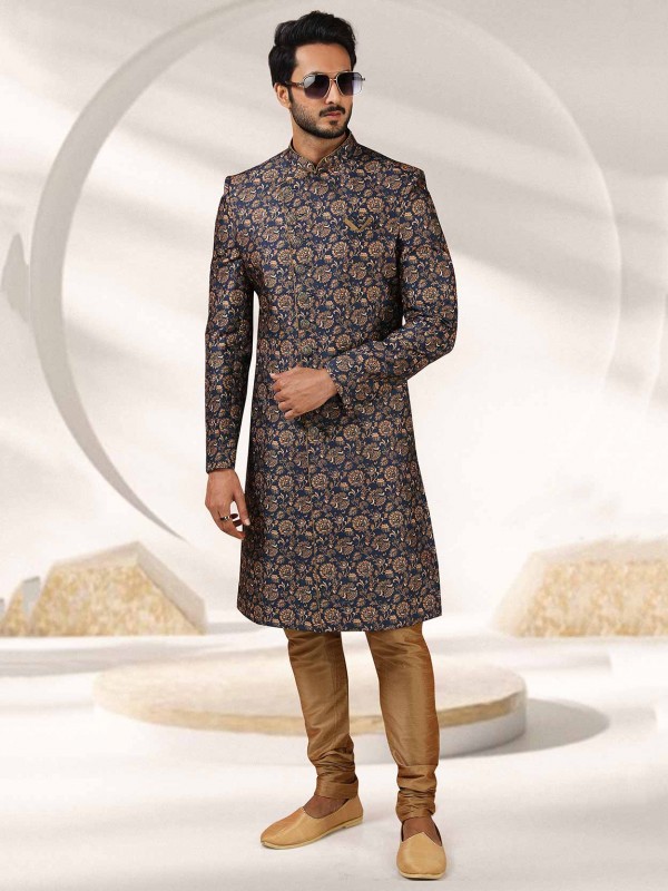 Blue Colour Banarasi Silk Fabric Mens Designer Sherwani.