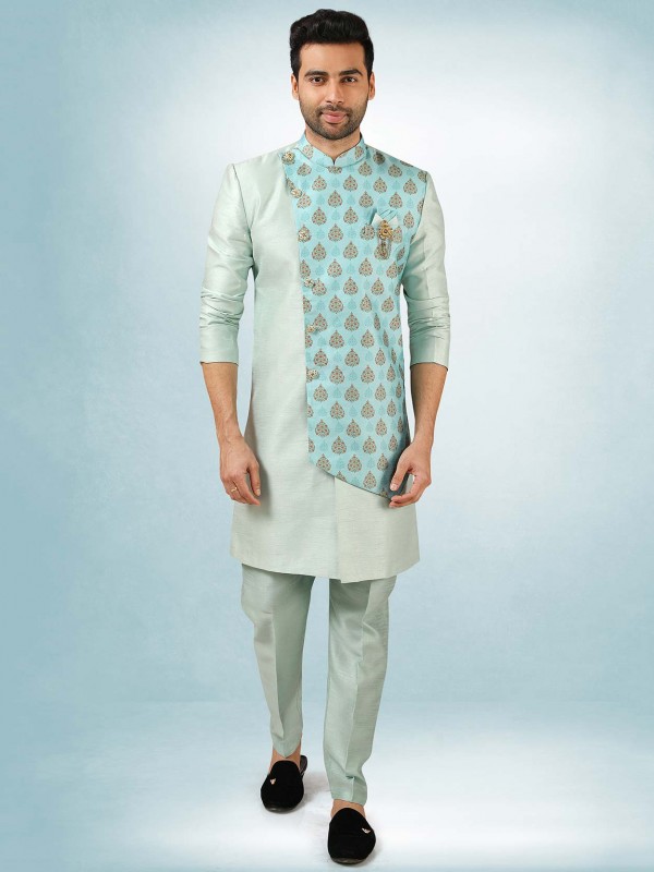 Pista Green Colour Art Silk Fabric Designer Indowestern.