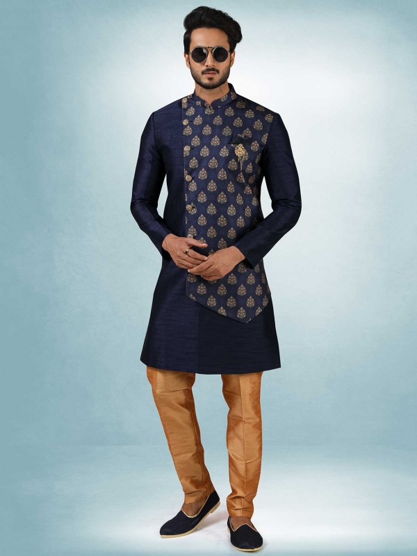 Blue Colour Art Silk Fabric Mens Indowestern.
