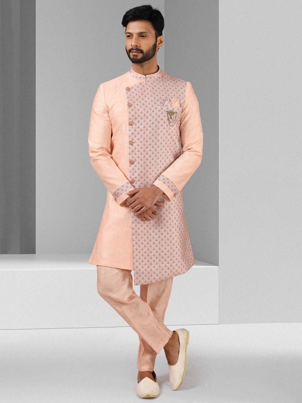 Art Silk Fabric Mens Indowestern in Pink,Peach Colour.