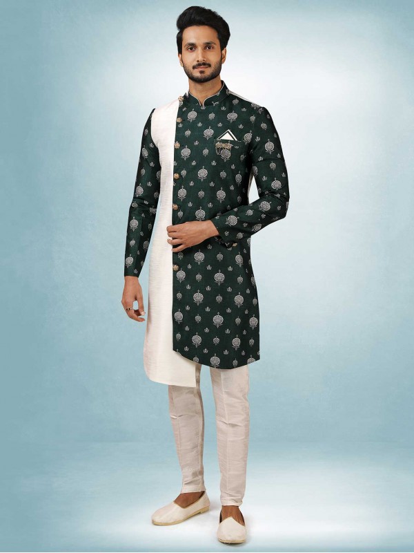 Off White,Green Colour Mens Indowestern in Art Silk Fabric.