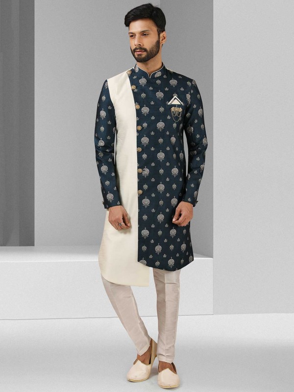 Art Silk Fabric Mens Indowestern Off White,Blue Colour.