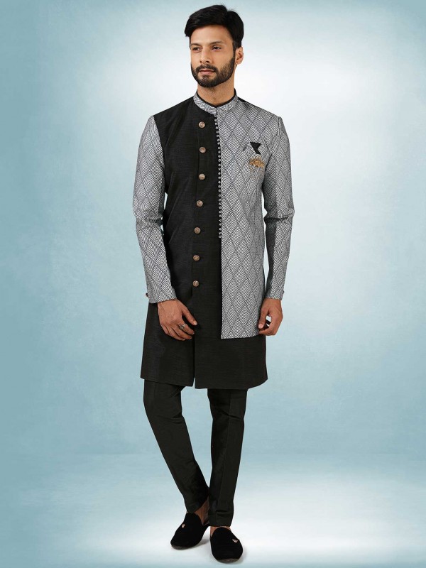 Black,Grey Colour Art Silk Fabric Mens Indowestern.
