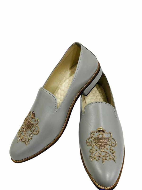 Grey Colour Leather Fabric Mens Wedding Shoes.